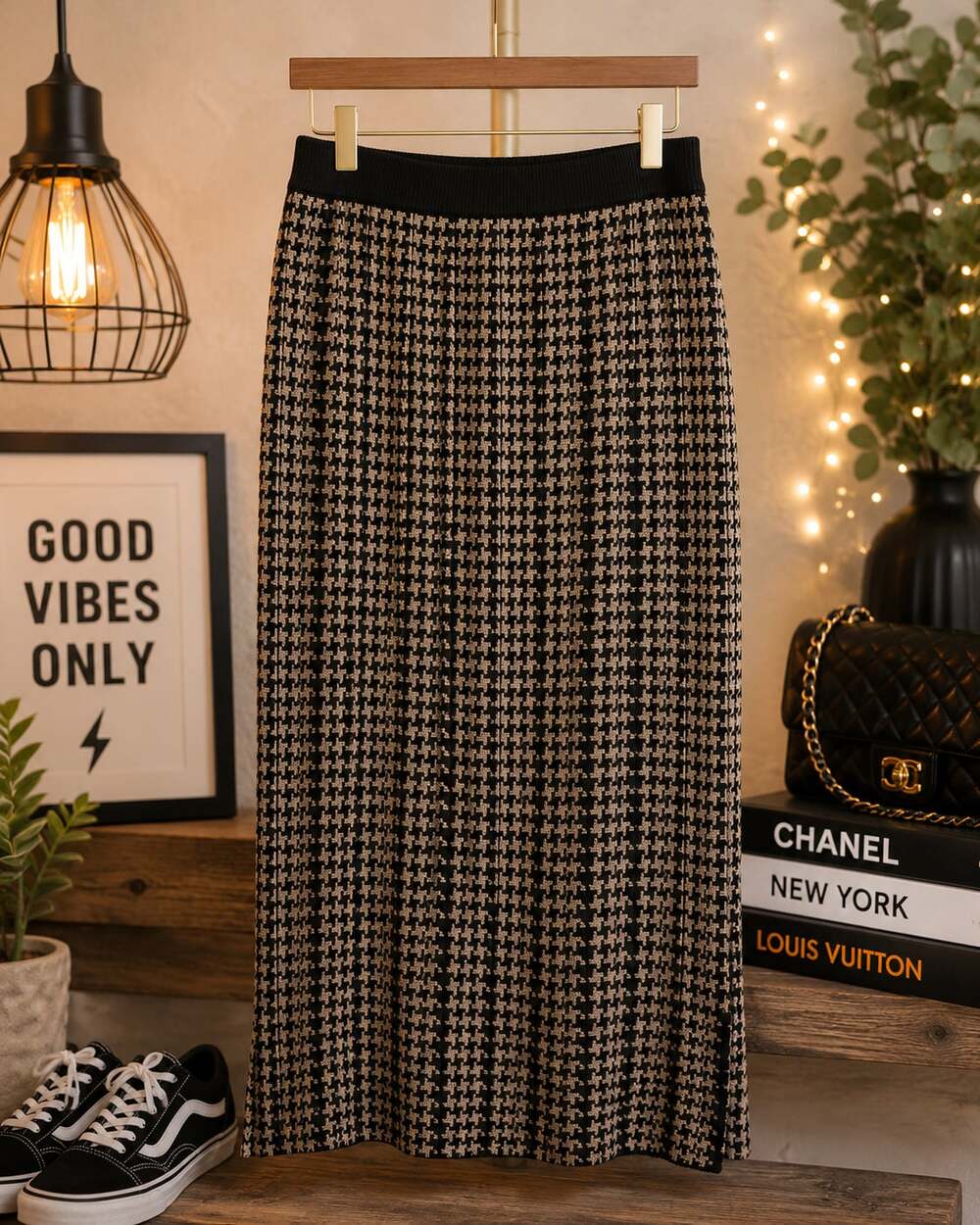 Milano Houndstooth Knit Midi Skirt Medium